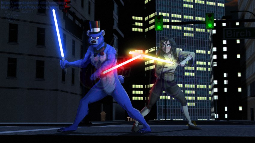 anthro blue_lightsaber duo female lightsaber male melee_weapon red_lightsaber weapon yellow_lightsaber namygaga five_nights_at_freddy's scottgames star_wars bear human mammal 16:9 absurd_res hi_res widescreen