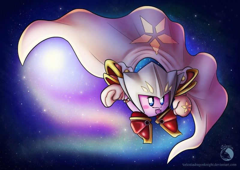 armor beard blue_eyes boots cape clothing facial_hair footwear handwear headgear helmet male mittens not_furry pauldron rosy_cheeks shoes solo star starscape text celestiadragonknight kirby_(series) nintendo kirby waddling_head absurd_res hi_res url