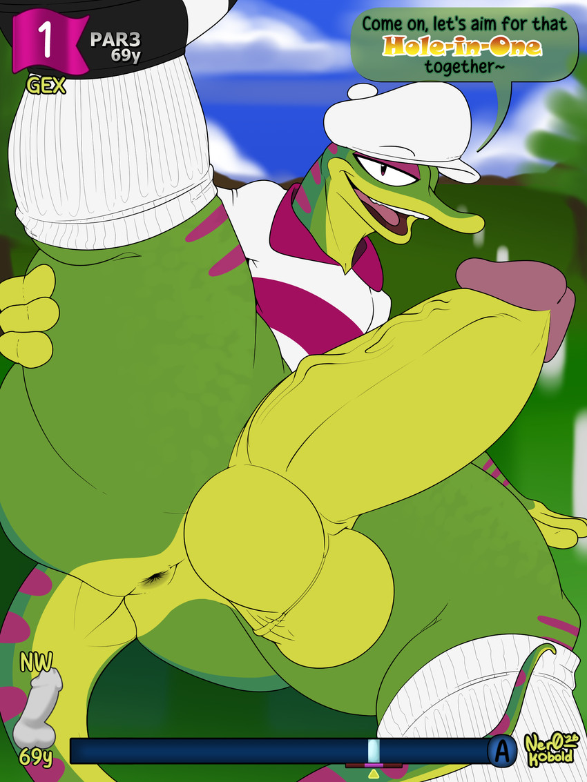 anthro anus balls bedroom_eyes big_butt big_penis black_clothing black_footwear black_shoes blue_sky bottomless bottomless_anthro bottomless_male butt circumcised clothed clothing cloud cloudy_sky countershade_butt countershade_face countershade_tail countershading day detailed_background dialogue erection eyebrows eyebrows_through_hat flat_cap footwear gameplay_mechanics genital_focus genital_raphe genitals glans golf golf_course golf_outfit grass green_body green_scales half-closed_eyes hand_on_ground hat headgear headwear hud humanoid_genitalia humanoid_penis knee_highs knee_socks legwear light long_tail looking_at_viewer lying lying_on_grass lying_on_ground male markings multicolored_clothing multicolored_footwear multicolored_shirt multicolored_shoes multicolored_topwear narrowed_eyes on_back on_ground one_leg_up open_mouth partially_clothed partially_clothed_anthro partially_clothed_male pattern_clothing pattern_shirt pattern_topwear penis pink_glans plant pupils purple_clothing purple_eyelids purple_markings purple_shirt purple_stripes purple_topwear raised_eyebrows raised_leg raphe_(anatomy) scales scrotal_raphe scrotum_flap seductive shirt shoes sky slit_pupils smile smiling_at_viewer socks solo speech_bubble sport stat_display striped_clothing striped_markings striped_shirt striped_topwear stripes sunlight tail teeth text thick_thighs tongue topwear tree two_tone_clothing two_tone_footwear two_tone_shirt two_tone_shoes two_tone_topwear user_interface vein veiny_penis white_clothing white_footwear white_hat white_headgear white_headwear white_shirt white_socks white_topwear wide_hips yellow_body yellow_hands yellow_markings yellow_scales ner0_kobold gex_(series) gex_the_gecko gecko lizard reptile scalie 2026 3:4 absurd_res colored digital_drawing_(artwork) digital_media_(artwork) english_description english_text hi_res signature watermark