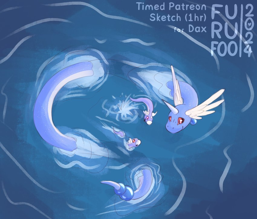 ambiguous_gender blue_body blue_scales countershading family feral group head_wings horn partially_submerged red_eyes scales sea smile swimming unicorn_horn unusual_wing_placement water white_body white_countershading wings furufoo nintendo pokemon dragonair dratini generation_1_pokemon pokemon_(species) scalie 2024 mother_(lore) parent_(lore)