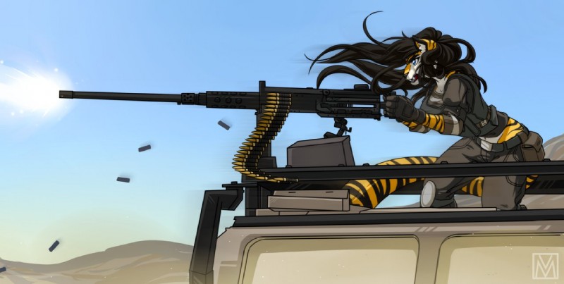 ammunition anthro black_hair blue_eyes clothed clothing detailed_background female fur gun hair holding_gun holding_object holding_ranged_weapon holding_weapon machine_gun midriff military navel orange_body orange_fur ranged_weapon solo spent_casing striped_body striped_fur stripes tail weapon lapres humvee fiona_(wolfpack67) felid mammal pantherine tiger 2012