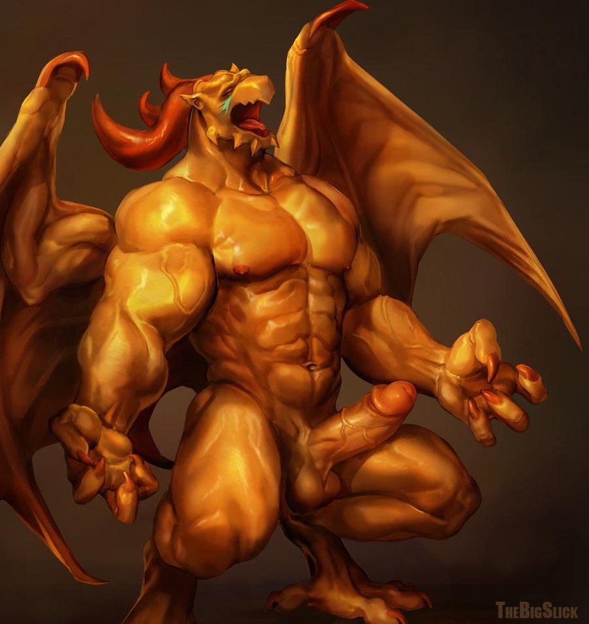 abs anthro balls erection eyes_closed genitals glans horn humanoid_genitalia humanoid_penis male membrane_(anatomy) membranous_wings muscular muscular_male navel nipples pecs penis solo vein veiny_muscles veiny_penis wings yellow_body thebigslick mythology dragon mythological_creature mythological_scalie scalie