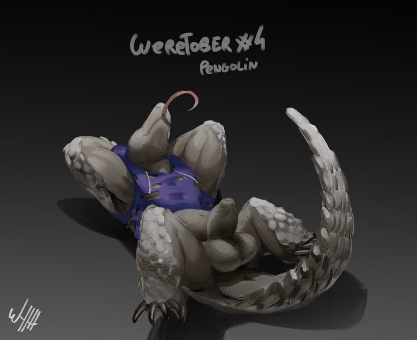 claws clothing erection foreskin genitals lying male muscular muscular_male nipples on_back penis scales solo tongue tongue_out torn_clothing wyth weretober mammal pangolin