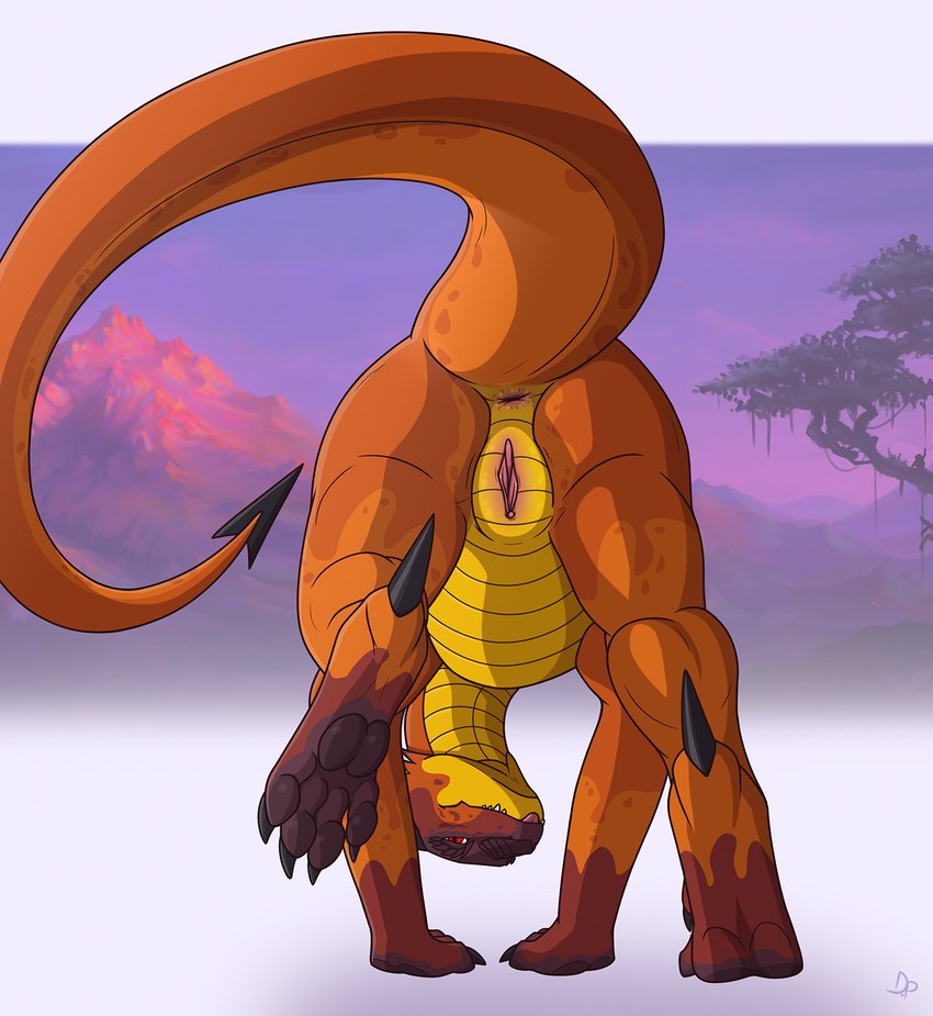 anus belly_scales blade_tail blep butt feet female feral genitals heel_spike looking_through looking_through_legs orange_body orange_scales presenting presenting_hindquarters pussy scales solo sunset tail tongue tongue_out yellow_body yellow_scales dirty.paws mythology dragon mythological_creature mythological_scalie scalie wingless_dragon hi_res