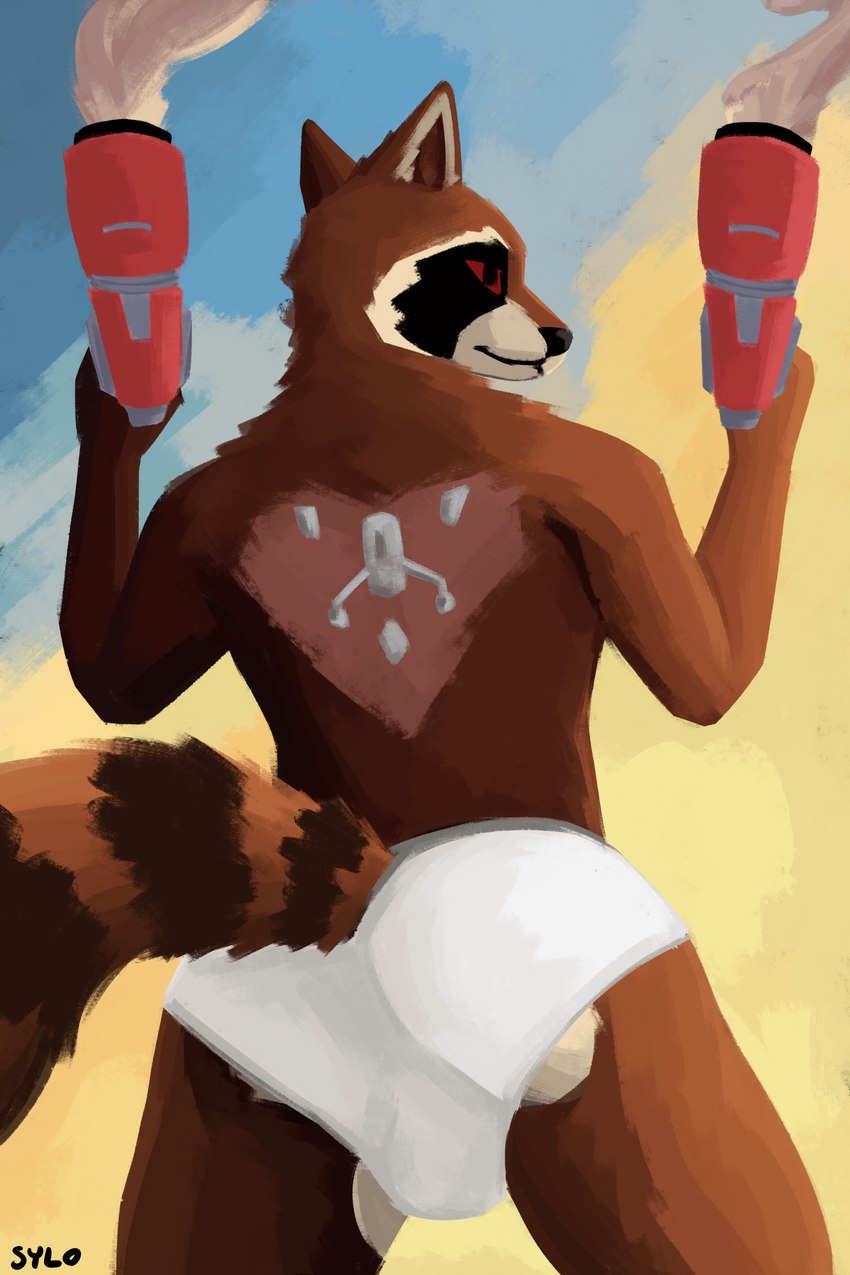 anthro blaster_pistol bottomwear brown_body brown_fur bulge butt clothed clothing fur male red_eyes simple_background smoke solo tail underwear weapon sylo guardians_of_the_galaxy marvel rocket_raccoon mammal procyonid raccoon 2023 2:3 absurd_res digital_media_(artwork) hi_res