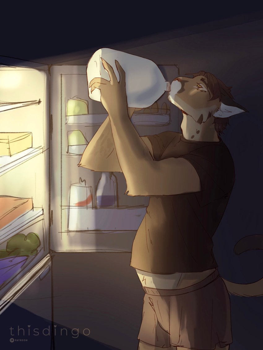 anthro appliance brown_body brown_fur brown_hair drinking_milk facial_markings fridge fur hair head_markings inner_ear_fluff inside kitchen_appliance light male markings milk_jug slightly_chubby solo spots spotted_body spotted_fur standing tan_body tan_fur tuft white_body white_fur thisdingo patreon felid feline mammal 2024 artist_name colored digital_media_(artwork) hi_res lighting portrait shaded three-quarter_portrait