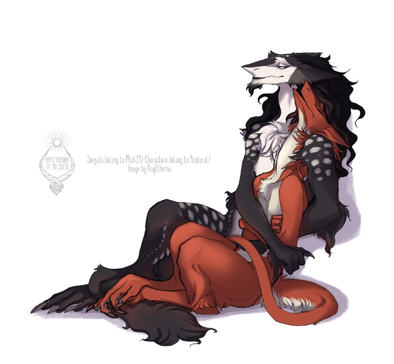 ambiguous_gender anthro chest_tuft claws cuddling duo eyes_closed fur male markings orange_body orange_fur simple_background sitting spots spotted_body spotted_fur tail toe_claws tuft white_background raesheris jerry_(raptoral) raptoral_(character) sergal hi_res