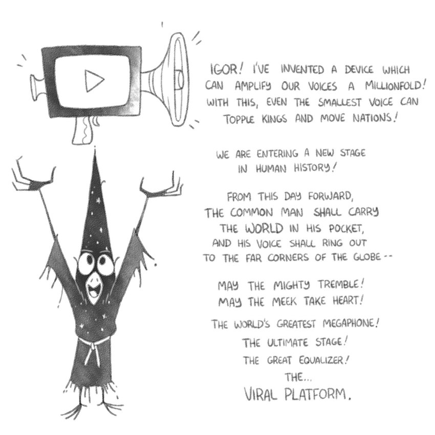 anthro beak clothed clothing dialogue feathers fully_clothed hat headgear headwear looking_up magic_user male megaphone open_beak open_mouth open_smile raised_arms smile solo standing text wizard_hat wizard_robe youtube_logo ljrmr youtube avian bird 1:1 2017 comic digital_drawing_(artwork) digital_media_(artwork) english_text greyscale handwritten_text hi_res monochrome paint_tool_sai_(artwork)