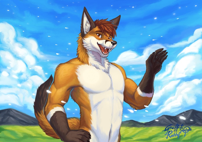 anthro biceps cloud field fur gesture grass hair male mountain outside plant sky solo waving byowt canid canine fox mammal 2019 digital_media_(artwork) hi_res