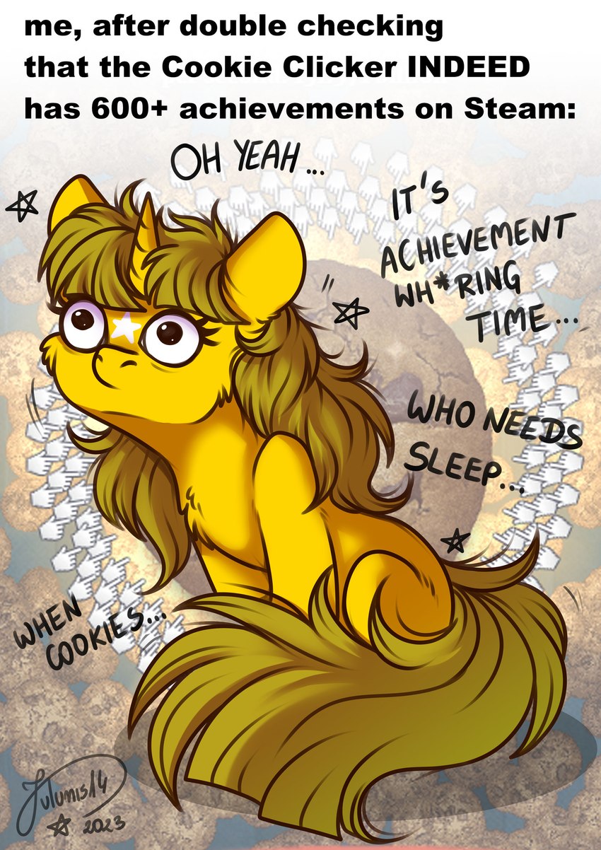 blonde_hair dialogue eye_bags female feral hair horn quadruped solo text yellow_body julunis14 cookie_clicker hasbro my_little_pony mythology fan_character equid equine mammal mythological_creature mythological_equine unicorn absurd_res english_text hi_res