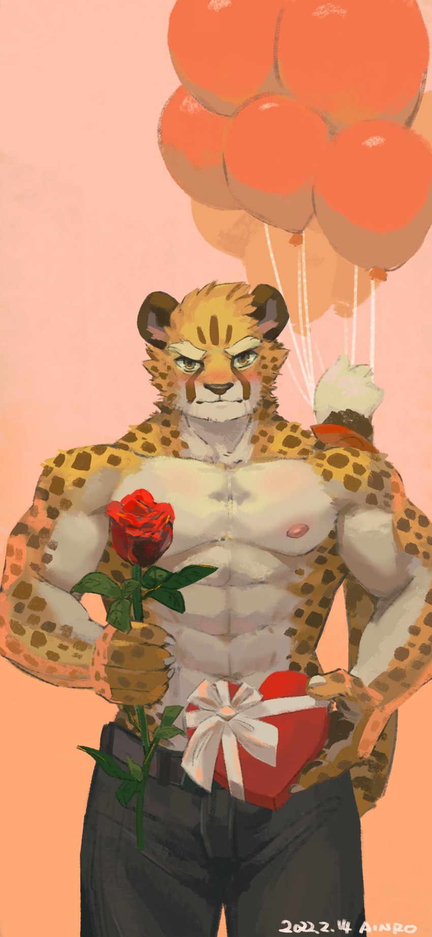 abs anthro biceps blush flower fur fur_markings gift hair holidays male markings multicolored_body multicolored_fur muscular muscular_anthro muscular_male nipples pecs plant rose_(flower) shirtless_male solo spots spotted_body spotted_fur standing two_tone_body two_tone_fur yellow_body yellow_eyes yellow_fur ainro elysium_above valentine's_day cheetah felid feline mammal 2022 6:13 hi_res