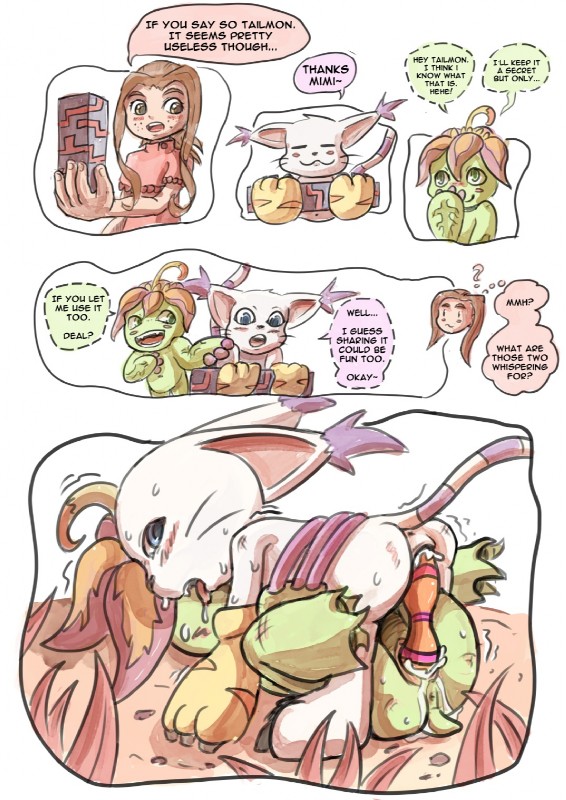 dialogue female fur group hair plant text hoshiko bandai_namco digimon mimi_tachikawa digimon_(species) felid gatomon human mammal palmon comic english_text hi_res