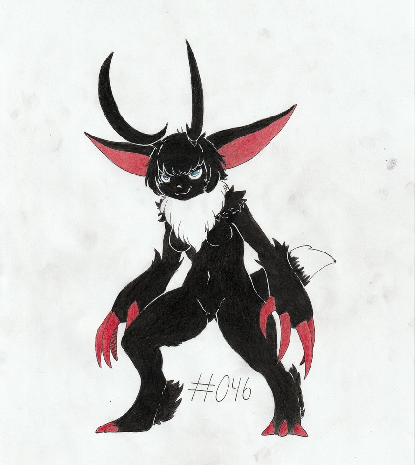 ankle_tuft anthro anthrofied antlers big_claws black_body black_fur black_hair breasts claw_fingers claws digitigrade dipstick_tail featureless_breasts featureless_crotch female fur hair horn leg_tuft markings neck_tuft nude simple_background solo standing tail tail_markings tuft white_background white_body white_fur foxydraws palworld pocketpair loupmoon pal_(species) absurd_res hi_res traditional_media_(artwork)