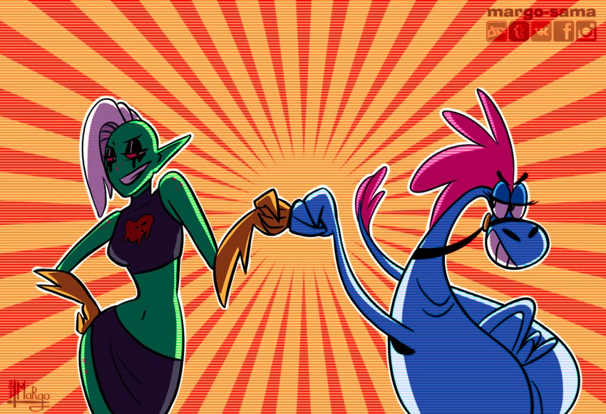 blue_body breasts clothed clothing duo eyebrows eyelashes female fingers fist_bump gesture gloves green_body green_skin grin hair half-closed_eyes handwear humanoid_pointy_ears midriff narrowed_eyes navel pointy_ears red_sclera smile tail teeth text topwear white_hair margo-sama disney wander_over_yonder lord_dominator sylvia_(wander_over_yonder) alien alien_humanoid humanoid zbornak 2017 signature url