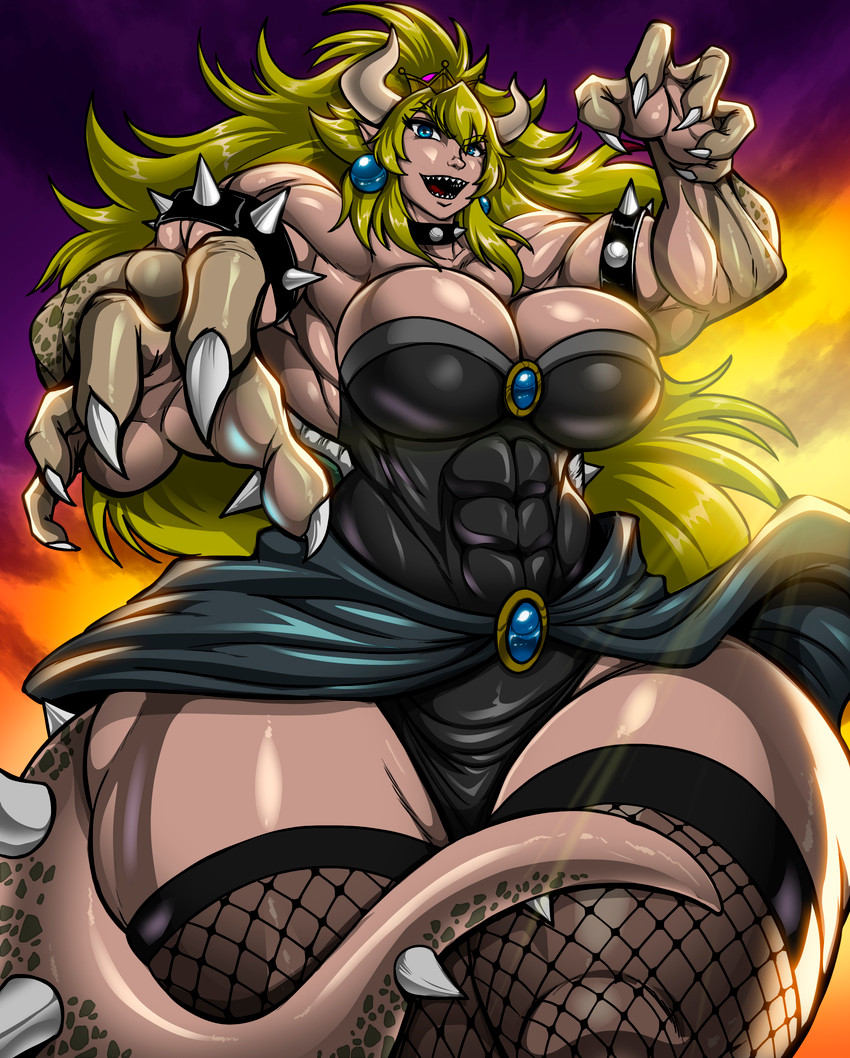 abs big_breasts breasts cleavage clothed clothing collar crossgender crown female fishnet_clothing fishnet_legwear headgear huge_breasts legwear muscular muscular_female muscular_humanoid solo spiked_collar spikes super_crown wide_hips osmar-shotgun bowsette_meme mario_bros nintendo bowser animal_humanoid humanoid koopa_humanoid scalie scalie_humanoid absurd_res hi_res meme