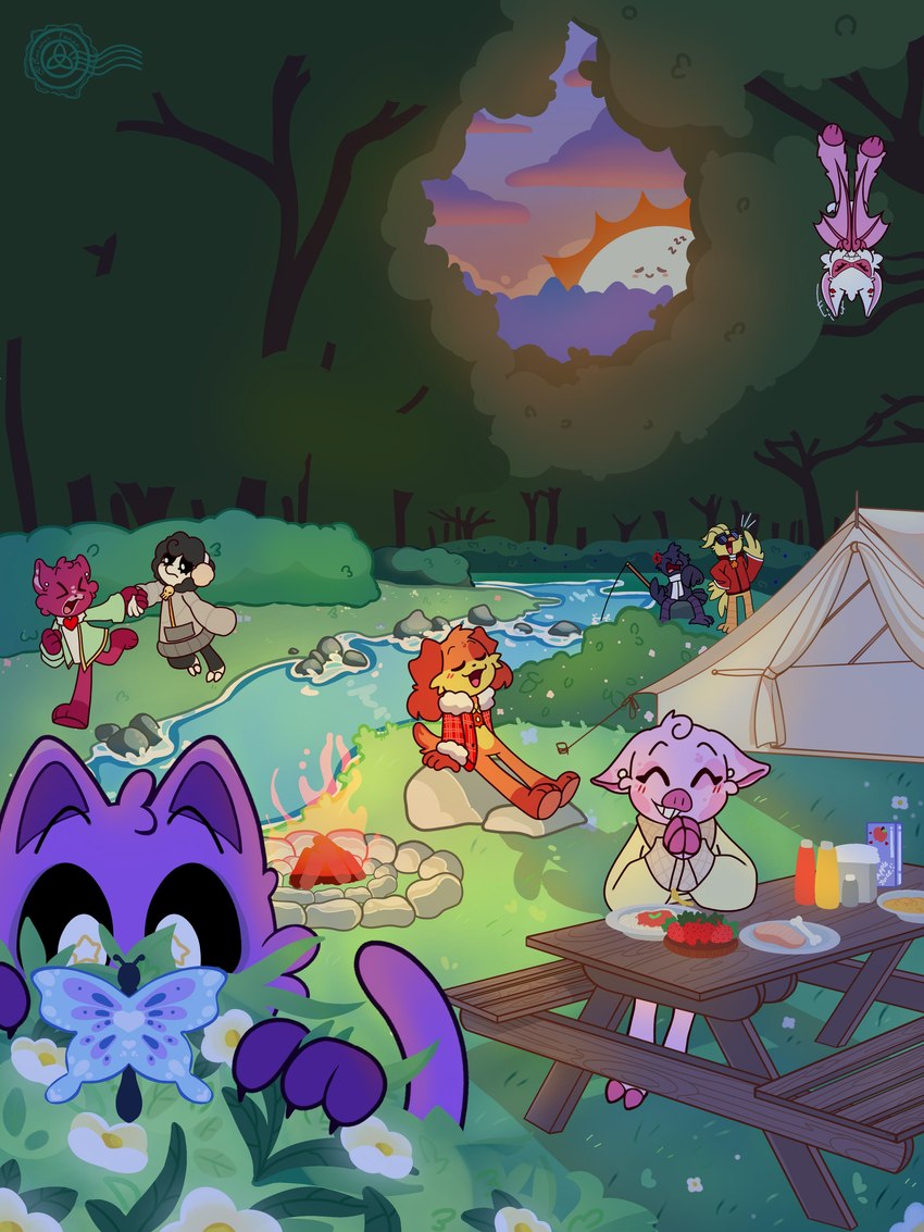 ambiguous_gender anthro camping camping_tent claws detailed_background female finger_claws food fur furniture head_tuft male outside picnic_table purple_body purple_ears purple_face purple_fingers purple_fur purple_hands purple_head purple_inner_ear purple_tail simple_background sunset table tail tuft white_background bonanusfanan mob_entertainment nightmare_critters poppy_playtime smiling_critters baba_chops_(poppy_playtime) bobby_bearhug catnap_(poppy_playtime) dogday_(poppy_playtime) kickinchicken pickypiggy poe_(poppy_playtime) rabie_baby_(poppy_playtime) arthropod avian bat bear bird bovid butterfly canid canine canis caprine chicken corvid corvus_(genus) domestic_cat domestic_dog domestic_pig felid feline felis galliform gallus_(genus) insect lepidopteran mammal oscine passerine phasianid raven sheep suid suina sus_(pig) ursine 2024 3:4 absurd_res colored detailed english_description hi_res