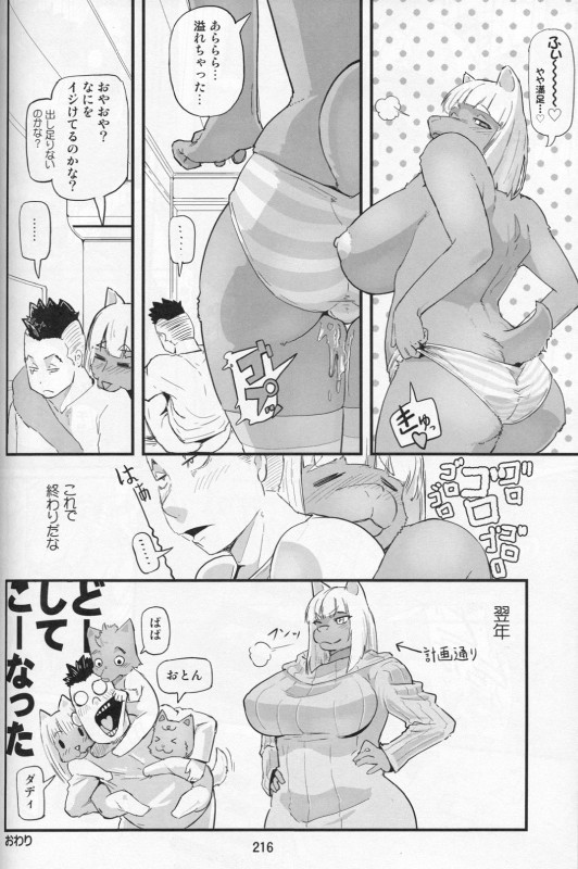 after_sex anthro big_breasts blonde_hair blush bodily_fluids breasts camel_toe clothed clothing family female genital_fluids group hair hug huge_breasts japanese kemono legwear long_hair male text thick_thighs topless underwear vaginal_fluids petaroh canid canine human mammal comic greyscale hi_res monochrome translated