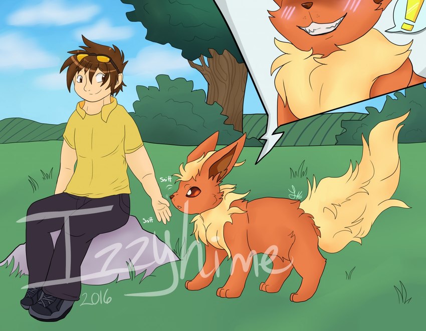 ambiguous_gender blush duo eyewear feral glasses grass male plant sky tail tree izzyhime nintendo pokemon jaki-kun_(character) canid canine eeveelution flareon generation_1_pokemon human mammal pokemon_(species) 2016 distracting_watermark watermark