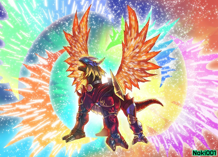 4_legs ambiguous_gender armor blonde_hair blue_eyes colorful_background detailed_shading feral glowing glowing_eyes hair horn open_mouth rainbow_colors sharp_teeth solo standing tail teeth wings noki001 bandai_namco digimon ancientgreymon digimon_(species) absurd_res hi_res