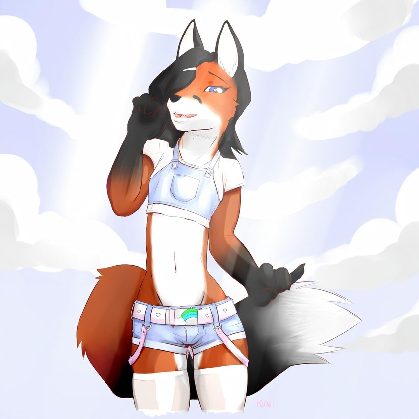 blue_eyes bottomwear clothing femboy hair hotpants long_hair male outside shorts solo kuni lucien_(character) canid canine fox mammal 1:1 hi_res