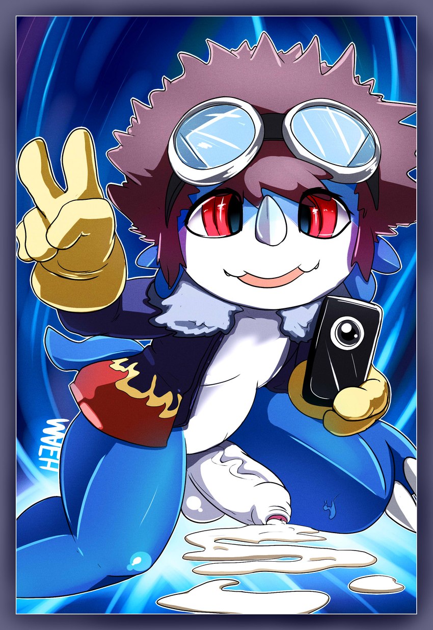 anthro bodily_fluids camera_phone clothing costume cum eyewear foreskin genital_fluids genitals goggles male penis solo maehdoggie bandai_namco digimon davis_motomiya digimon_(species) veemon absurd_res comic hi_res