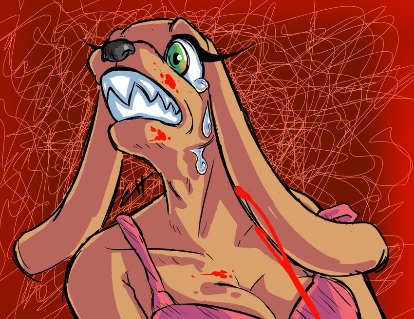 anthro bared_teeth black_eyebrows black_eyes black_nose blood blood_on_chest blood_on_chin blood_on_face blood_splatter blood_spray bodily_fluids bra breasts brown_body brown_ears brown_fur cleavage clenched_teeth close-up clothed clothing eyebrows eyelashes female floppy_ears fur green_eyes implied_self-harm long_ears looking_aside looking_up off_shoulder pain partially_clothed pink_bra pink_clothing pink_topwear pink_underwear red_background scribbles self-harm simple_background snout solo tears tears_on_cheek teeth teeth_showing topwear underwear wide_eyed biscotti5000 jane_(biscotti5000) canid canine canis domestic_dog mammal 2024 bust_portrait digital_drawing_(artwork) digital_media_(artwork) hi_res line_art portrait watermark