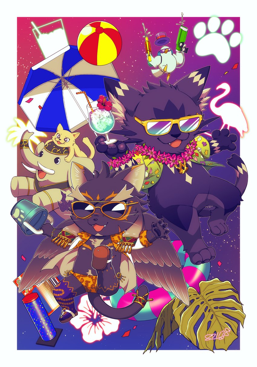 aloha_shirt anthro black_body black_fur body_hair bottomless chest_hair clothed clothing eyewear featureless_crotch fur group hair male nipples pattern_clothing pattern_shirt pattern_topwear shirt sunglasses swimwear topwear umbrella white_hair wings 1461_1641 lifewonders tokyo_afterschool_summoners cait_sith_(tas) tezcatlipoca_(tas) domestic_cat felid feline felis mammal pantherine hi_res