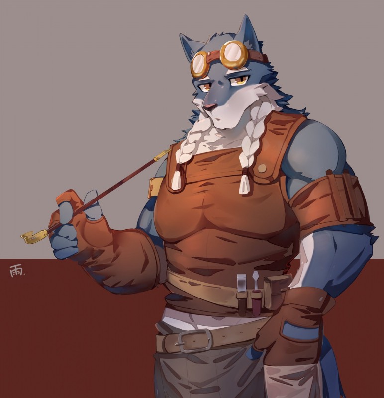 anthro clothed clothing eyewear fur kemono male muscular muscular_anthro muscular_male simple_background solo hachi_duchi canid canine mammal 2018 digital_media_(artwork) hi_res