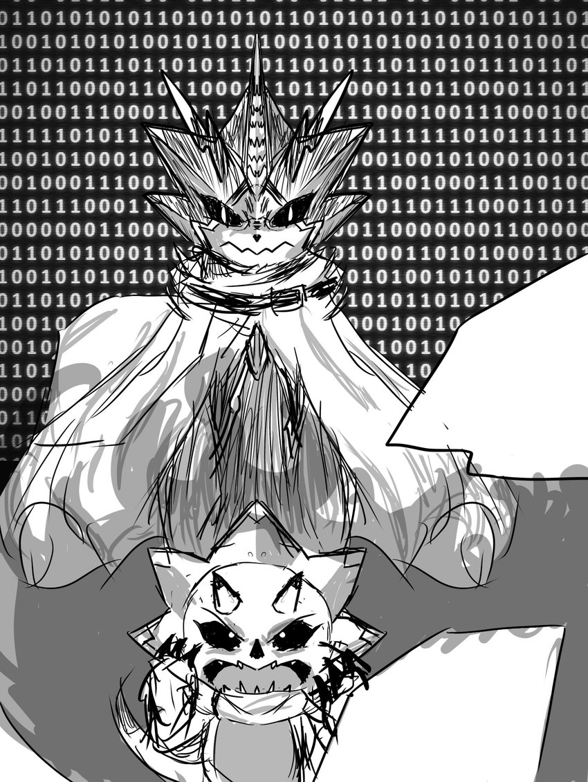 angry anthro binary_code black_eyes cape claws clothing evil_face evolution horn male zigzag_teeth shiroku80889701 bandai_namco digimon digimon_ghost_game digimon_(species) gammamon gulusgammamon hi_res monochrome