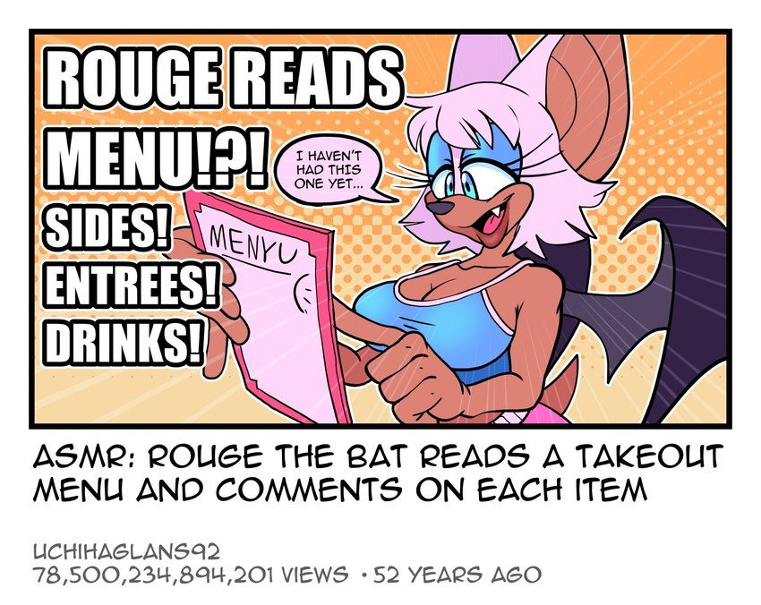 anthro asmr big_breasts blue_eyeshadow breasts cleavage clothed clothing cute_fangs dialogue eyeshadow fangs female fur makeup menu solo speech_bubble teeth text white_body white_fur wings youtube_thumbnail galactabee sega sonic_the_hedgehog_(series) youtube rouge_the_bat bat mammal 2024 english_text hi_res