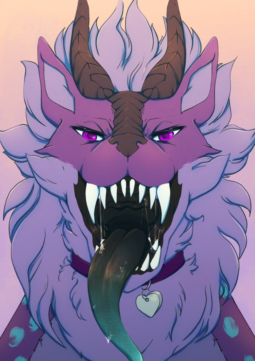 ambiguous_gender black_tongue blue_tongue bodily_fluids brown_horn cheek_tuft collar facial_tuft fangs front_view fur gradient_tongue horn looking_at_viewer mouth_shot narrowed_eyes neck_tuft open_mouth pupils purple_body purple_collar purple_eyes purple_fur purple_pupils ridged_horn saliva saliva_on_tongue saliva_string sharp_teeth simple_background solo teeth tongue tongue_out tuft lionfloof hi_res