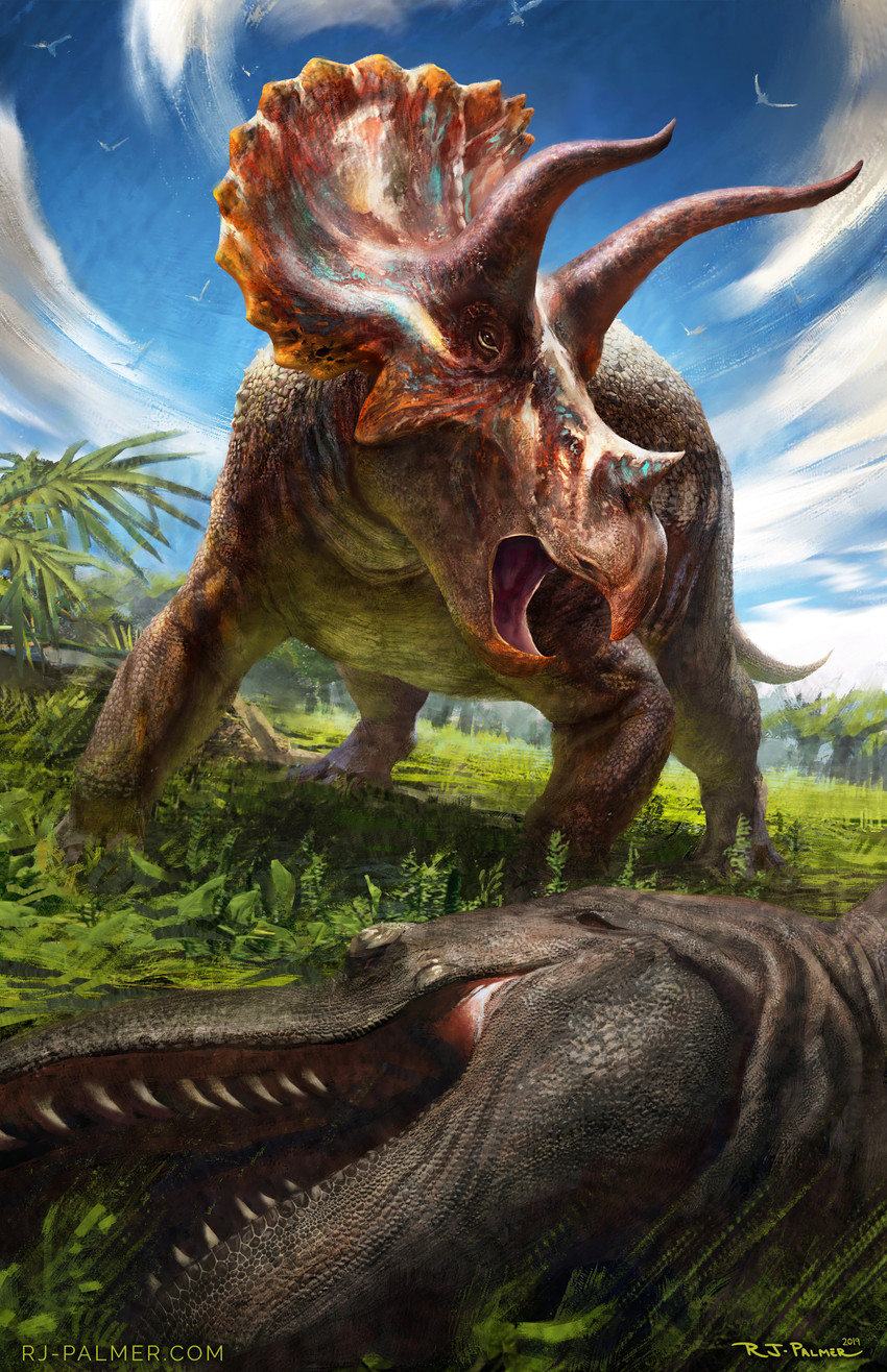 ambiguous_gender day detailed_background duo feral grass open_mouth outside plant sky standing teeth text arvalis ceratopsian dinosaur ornithischian prehistoric_species reptile scalie theropod triceratops tyrannosaurid tyrannosauroid tyrannosaurus tyrannosaurus_rex 2019 absurd_res digital_media_(artwork) english_text hi_res