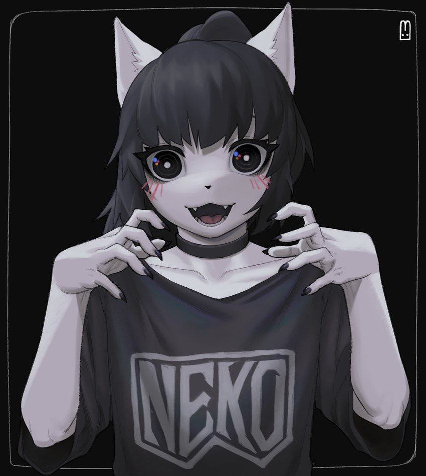 anthro big_eyes black_clothing black_hair black_shirt black_topwear blush choker claws clothing collarbone creepy cute_fangs fangs femboy fur gesture hair jewelry kemono looking_at_viewer male necklace open_mouth paw_pose ponytail pose raised_hand shirt simple_background smile smiling_at_viewer solo teeth text tongue topwear white_body white_fur bunybunyboi iyarin_(iyarin) domestic_cat felid feline felis mammal 2022 digital_media_(artwork) english_text hi_res shaded signature