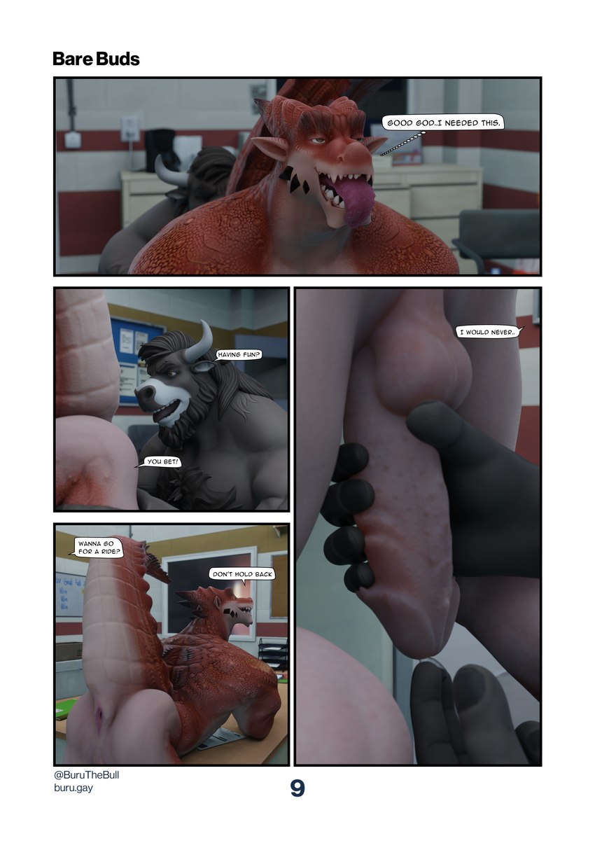 anthro brown_body brown_fur dialogue fur genitals horn male muscular muscular_male speech_bubble tail text buruthebull buru_(buruthebull) dragon_(maxwellshiba) lunjy_(maxwellshiba) bovid bovine mammal scalie 3d_(artwork) absurd_res comic digital_media_(artwork) english_text hi_res