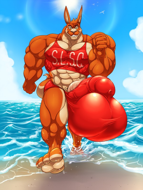 4_toes 5_fingers abs anthro balls barely_contained beach biceps big_balls big_muscles big_penis biped brown_nose bulge clothing cloud day detailed_background detailed_bulge eyebrows feet fingers fist genital_outline genitals green_eyes hair huge_balls huge_muscles huge_penis humanoid_genitalia humanoid_penis hyper hyper_balls hyper_genitalia hyper_muscles hyper_penis looking_at_viewer male muscular muscular_anthro muscular_male muscular_thighs nipples orange_body orange_hair orange_skin outside penis penis_base penis_outline plantigrade pubes sand sea seaside shirt sky smile solo sun swimwear tank_top teeth thick_penis tight_clothing tight_underwear toes topwear underwear walking water hungothenomster buckley_(character) buckley_(foxen) kangaroo macropod mammal marsupial 2018 3:4 hi_res