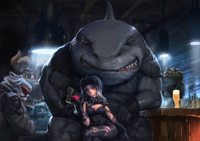 alcohol anthro bar beer beverage biceps big_head big_muscles blue_eyes bodily_fluids bottomwear chain clenched_teeth clothed clothing container cup detailed_background eye_scar eyes_closed facial_scar female fist front_view fur gills gloves grey_body grey_fur grey_hair grey_skin group guardian hair hand_on_leg handwear hat headgear headwear holding_glass holding_object horn huge_muscles inside larger_male light long_hair looking_at_viewer male multi_eye muscular one_eye_closed open_mouth pants pink_nose raised_tail saliva scar sharp_teeth shirt sitting size_difference smaller_female spikes tail teeth topwear torn_clothing whiskers kim_jonghun felid fish human lizard mammal marine monster pantherine reptile scalie shark tiger unknown_species 2015 detailed digital_media_(artwork)