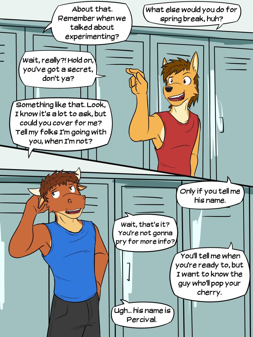 anthro clothed clothing dialogue duo fully_clothed locker locker_room male shirt tank_top text topwear fuze texnatsu mond_reyes ty_conrad bovid bovine canid canine canis cattle coyote mammal 3:4 comic english_text hi_res