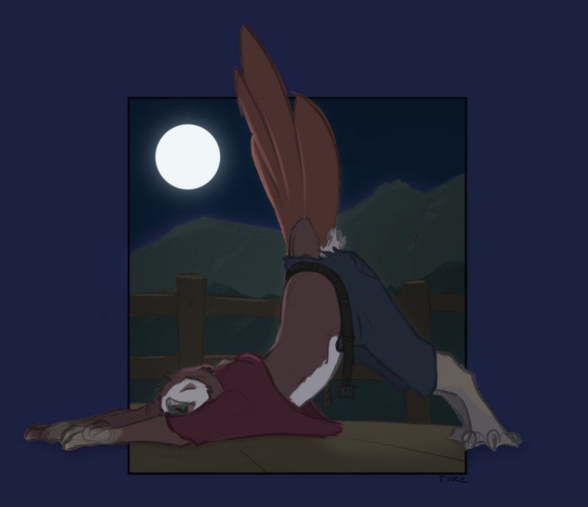 all_fours anthro arched_back ass_up barefoot beak belt big_tail blue_bottomwear blue_clothing blue_shorts bottomwear brown_body brown_feathers clothing detailed_background eyes_closed feathers feet fence full_moon grass grey_beak grey_feet growth hill human_to_anthro landscape light looking_pleasured male moon moonlight night open_mouth outside pants plant red_clothing red_shirt red_tongue red_topwear shadow shirt shorts smile solo species_transformation t-shirt tail tail_feathers tail_growth tongue topwear torn_bottomwear torn_clothing torn_shorts transformation white_body white_feathers yawn third-party_edit tuke avian bird owl 2020 color_edit colored shaded