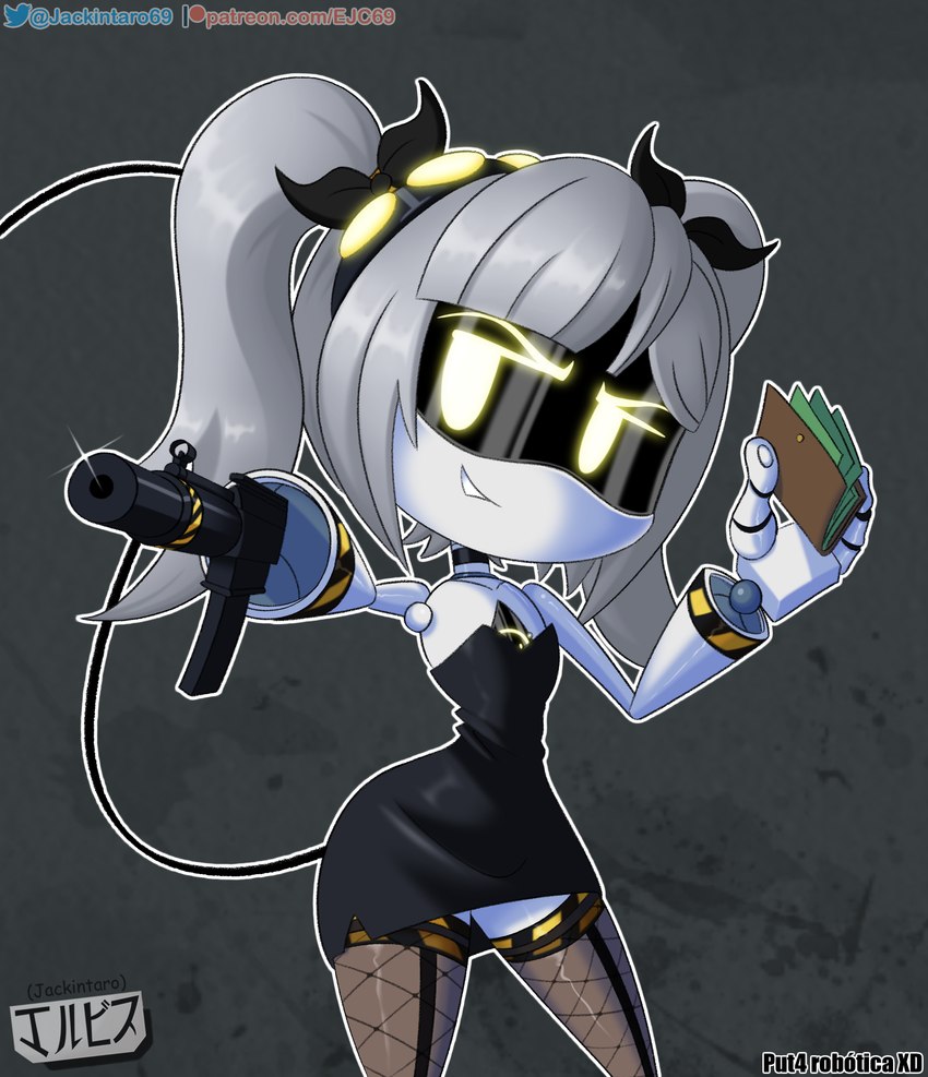 accessory choker clothed clothing dress female fingers fishnet_clothing fishnet_legwear grey_hair gun hair hazard_stripes headgear headwear jewelry legwear looking_at_viewer machine machine_gun necklace not_furry pigtails ranged_weapon ribbons screen_eyes simple_background smile solo stockings tail twintails_(hairstyle) wallet weapon white_body yellow_eyes jackintaro glitch_productions murder_drones j_(murder_drones) disassembly_drone humanoid robot robot_humanoid tailed_humanoid absurd_res digital_media_(artwork) hi_res