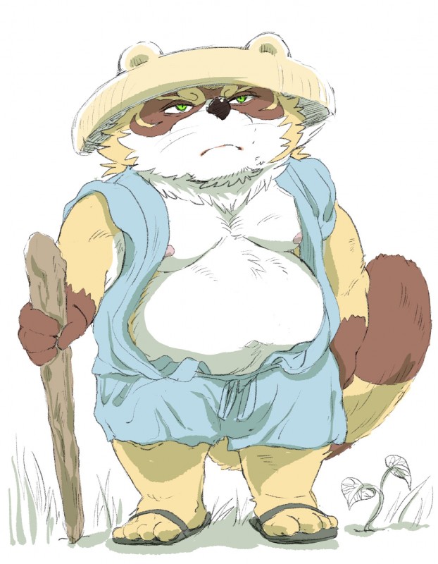 anthro belly brown_body brown_fur clothing footwear fur hat headgear headwear humanoid_hands male moobs nipples overweight overweight_anthro overweight_male robe sandals shoes simple_background solo hysk canid canine mammal raccoon_dog tanuki 2019 hi_res