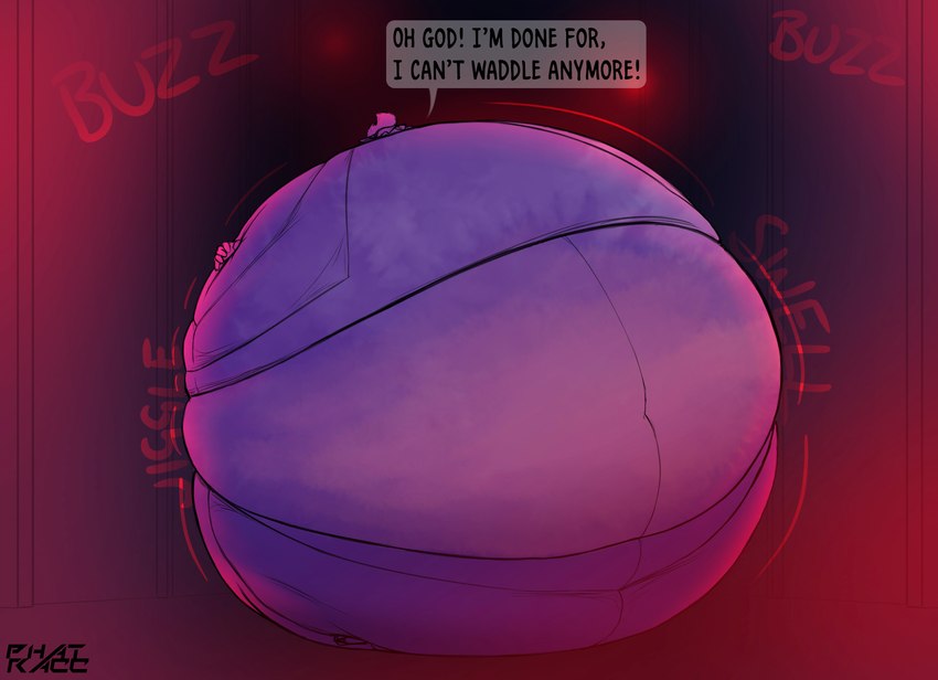 alarm anthro belly blue_body blue_fur blueberry_inflation body_inflation clothed clothing dialogue expansion_sound_effect fur hyper hyper_inflation immobile inflation inside male motion_lines solo sound_effects speech_bubble spherical_inflation text phatracc cupricfox canid canine fox mammal english_text hi_res