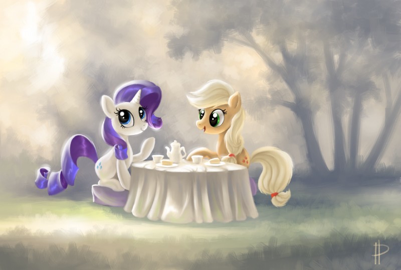 beverage blonde_hair blue_eyes cake container cup cutie_mark dessert detailed_background duo female feral food fur furniture green_eyes hair horn open_mouth orange_body orange_fur plant purple_hair saucer table tail tea tea_cup tree white_body white_fur wood rom-art friendship_is_magic hasbro my_little_pony mythology applejack_(mlp) rarity_(mlp) earth_pony equid equine horse mammal mythological_creature mythological_equine pony unicorn 2012 hi_res