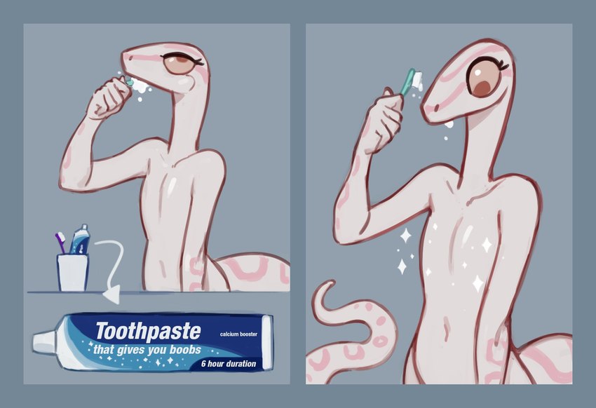 albino anthro biped brush brushing brushing_teeth eyelashes featureless_chest female looking_down navel nude pink_body solo tail text white_body had_my_way cornelia_(glacierclear) colubrid corn_snake lampropeltini rat_snake reptile scalie snake english_text