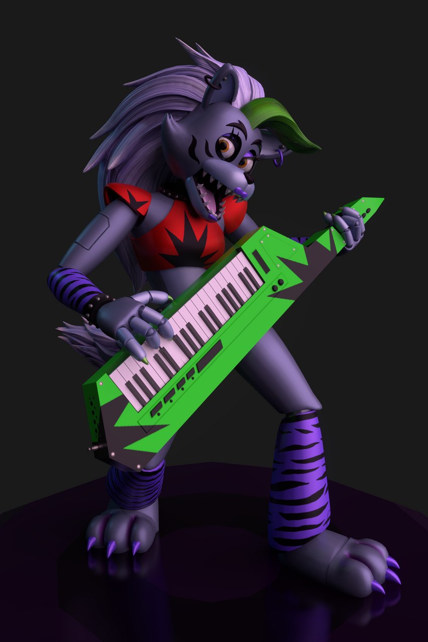 anthro colored_nails ear_piercing ear_ring feet female fingernails green_fingernails green_nails keyboard_instrument keytar machine musical_instrument nails piercing purple_nails purple_toenails ring_piercing solo toenails toes komissar_bav five_nights_at_freddy's five_nights_at_freddy's:_security_breach scottgames steel_wool_studios roxanne_wolf animatronic canid canine canis mammal robot wolf 2022 2:3 3d_(artwork) absurd_res blender_(artwork) digital_media_(artwork) hi_res