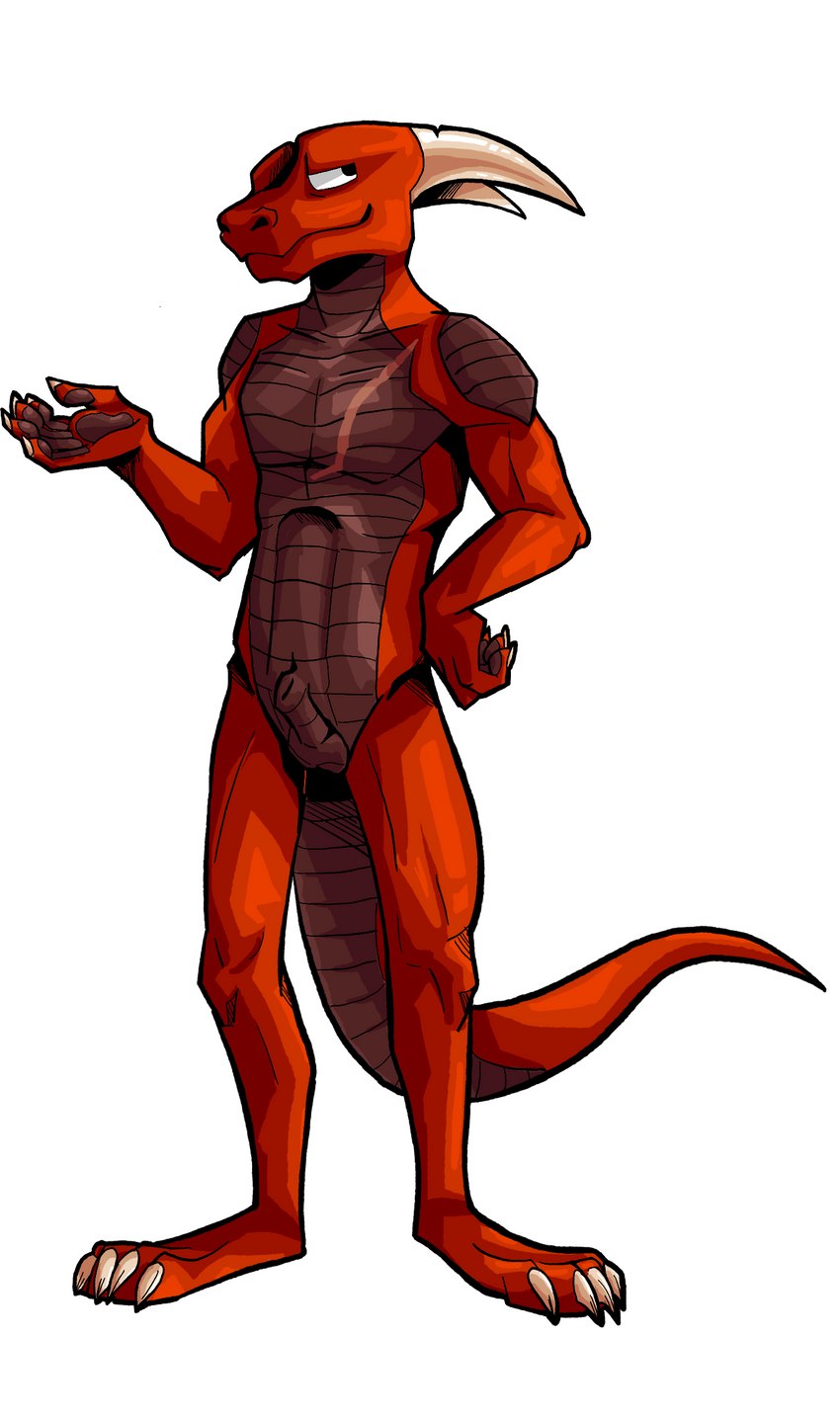 animal_genitalia anthro balls claws genitals hand_on_hip horn male pawpads red_body scar sheath simple_background solo tail white_background effarreturns european_mythology mythology xaldin dragon mythological_creature mythological_scalie scalie western_dragon absurd_res hi_res