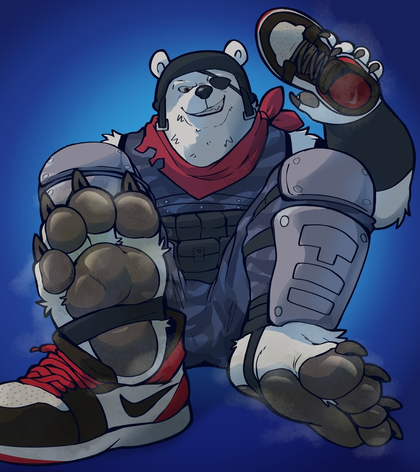 4_toes 5_fingers anthro armor black_nose claws clothing eye_patch eyewear feet fingers foot_fetish foot_focus footwear fur handpads headgear helmet kerchief looking_at_viewer male musk pawpads paws shin_guards shoes sneakers sneer soles solo steam toe_claws toes white_body white_fur jozzu epic_games fortnite nike polar_patroller digital_media_(artwork) hi_res