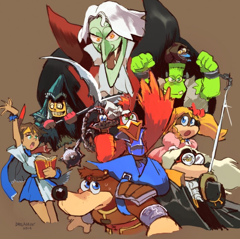 anthro clothed clothing cosplay female group magic_user male melee_weapon weapon witch dreaminerryday banjo-kazooie castlevania konami rareware banjo_(banjo-kazooie) bottles_(banjo-kazooie) gruntilda_winkybunion humba_wumba kazooie klungo mumbo_jumbo_(banjo-kazooie) simon_belmont tooty avian bear bird breegull human humanoid mammal 2019 hi_res