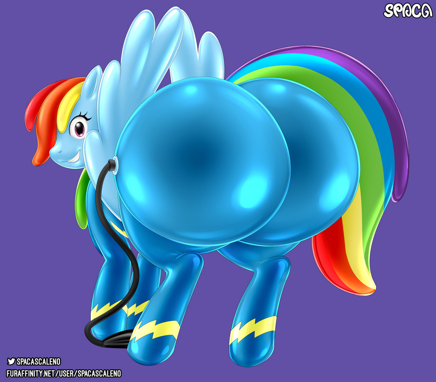 big_butt butt butt_expansion expansion feral glistening glistening_body hair inflatable looking_at_viewer multicolored_hair rainbow_hair simple_background solo text wings spaca friendship_is_magic hasbro my_little_pony mythology rainbow_dash_(mlp) animate_inanimate equid equine horse living_inflatable mammal mythological_creature mythological_equine pegasus pony absurd_res digital_media_(artwork) hi_res