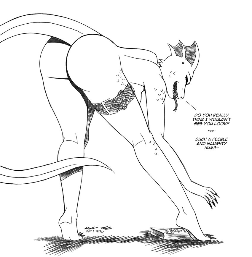 anthro bent_over big_butt book book_title breasts butt claws dialogue female looking_at_viewer nude open_mouth side_boob solo text title tongue tongue_out deadmann karma_(deadmann) lizard reptile scalie english_text hi_res monochrome