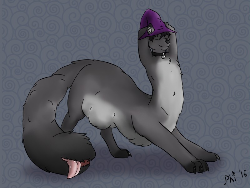 ambiguous_gender anthro belly big_belly clothing collar hat headgear headwear solo stretching tail tail_mouth tongue tongue_out unusual_anatomy unusual_tail vore witch_hat phietto canid canine canis mammal tailmouth_(species) taur wolf 2016 4:3 hi_res